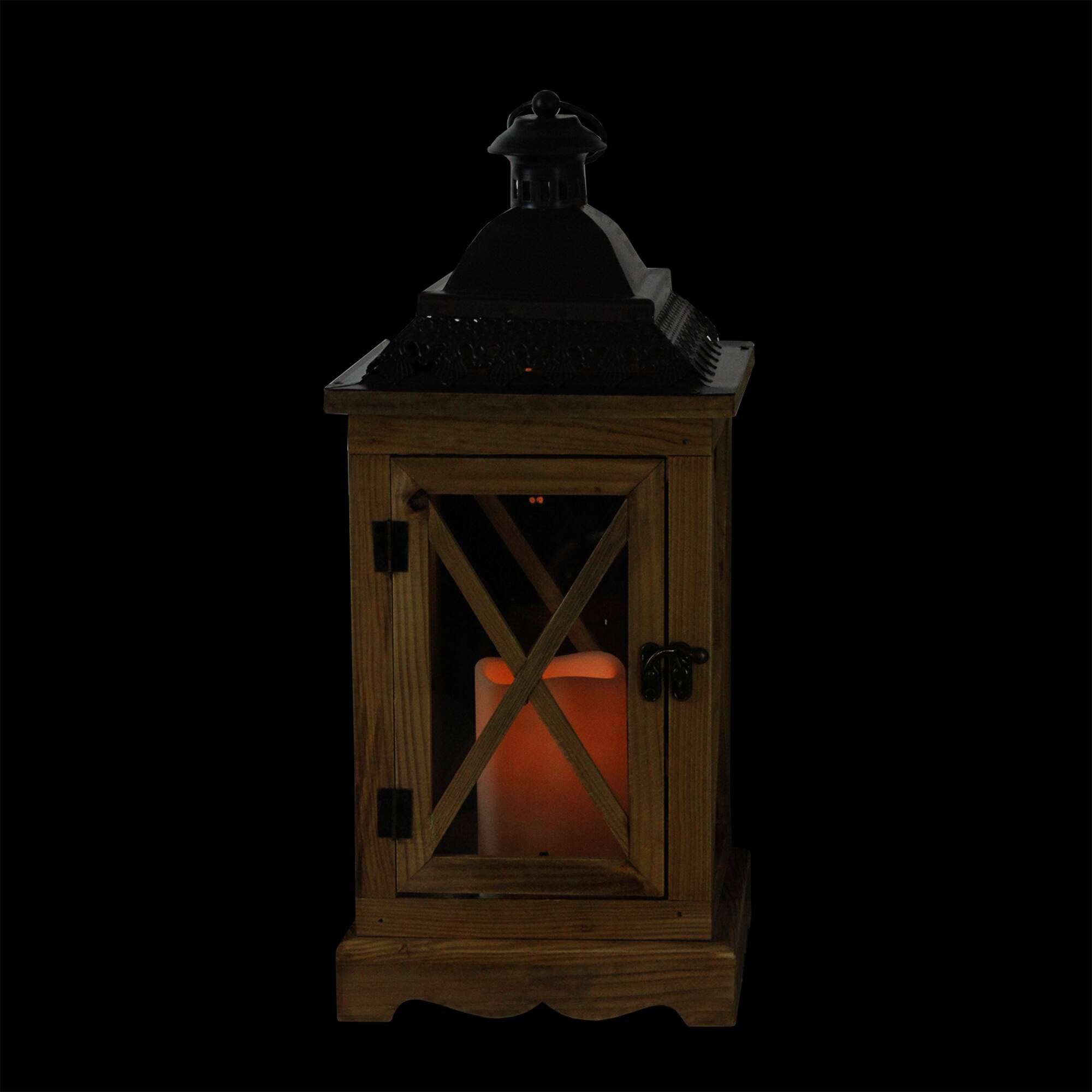 17.5" Rustic Wooden Lantern with Flameless Pillar Candle